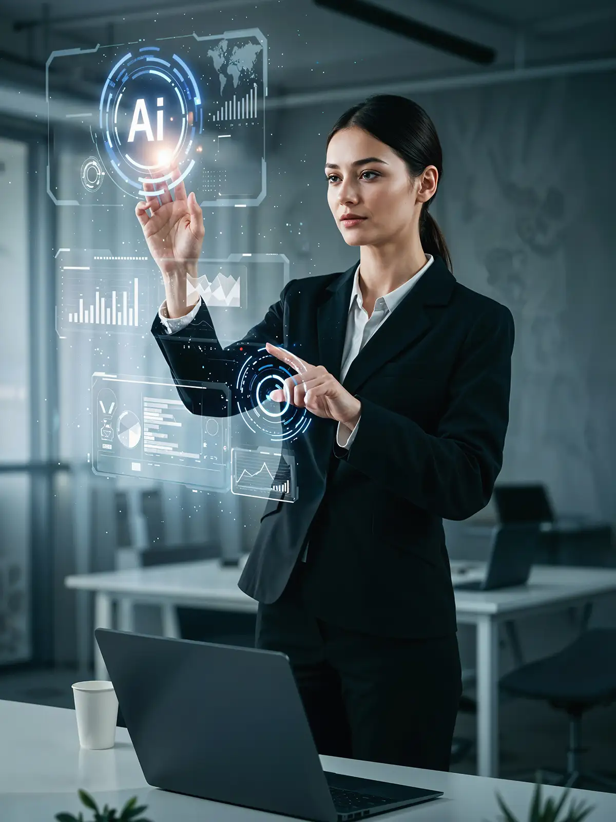 businesswoman interacting with ai hologram office businesswoman interacting with ai hologram office